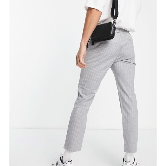 Grey and white striped straight-leg trousers with elasticated waist and drawstri - Picture 2 of 9